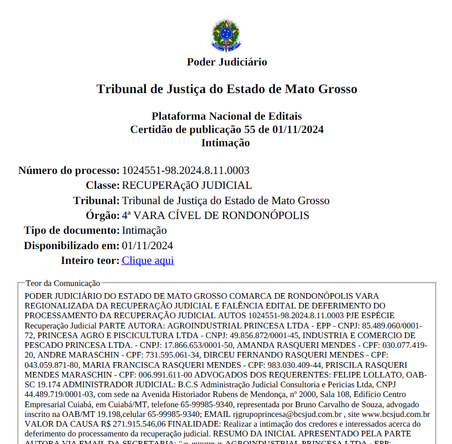 Recuperação Judicial “Grupo Princesa” nº 1024551-98.2024.8.11.0003 – Edital de Deferimento do Processamento e Lista de Credores (Plataforma Nacional de Editais Certidão de publicação 55 de 01/11/2024)